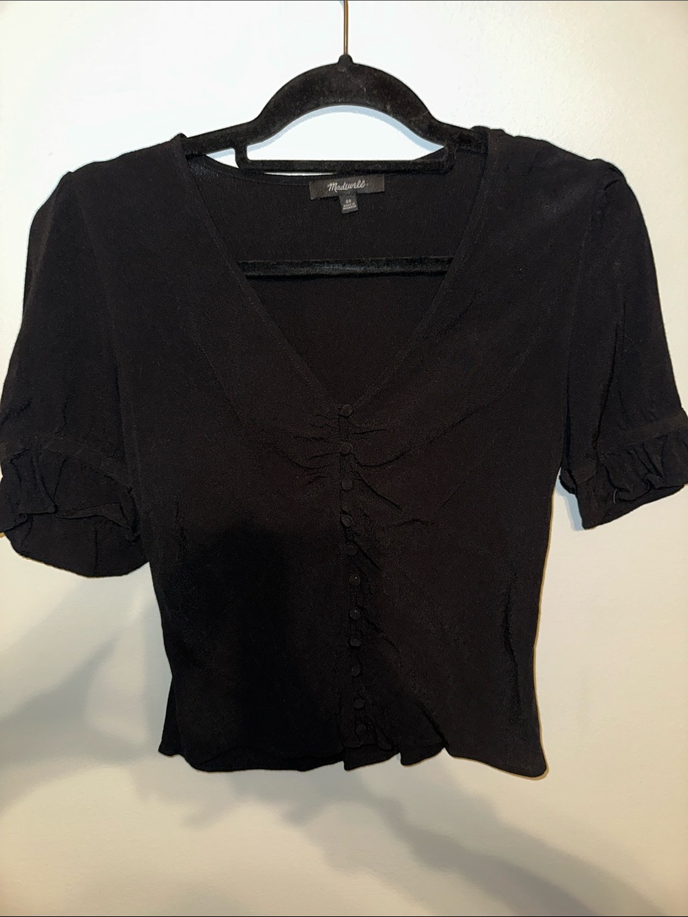 Madewell Puff Sleeve Top Women 00 Black Like New V-Neck Button Front Blouse